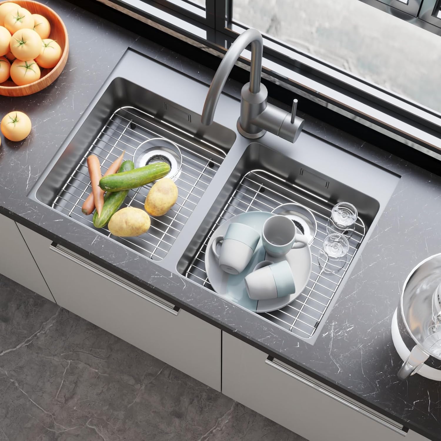 Stainless Steel Sink Protectors for Kitchen Sink, 13.12’’x11.6’’ Sink Protector Grid with Rear Drain, Rust Resistant Sink Grate for Bottom of Kitchen Sink with Sink Drain Strainer