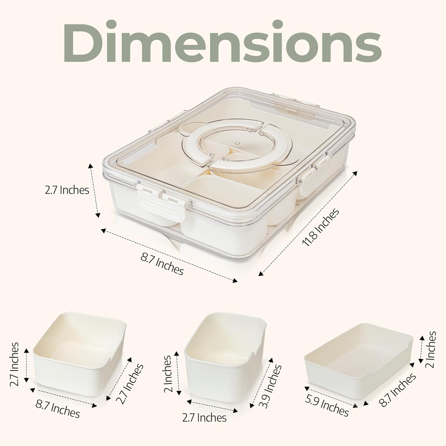 Mason & Meadow Small Snackle Box Container - Travel Snack Box Container - Snacklebox - Divided Serving Tray With Lid and Handle - Portable Snack Tray With Lid - Snackle Boxes (4 Compartments - Cream)