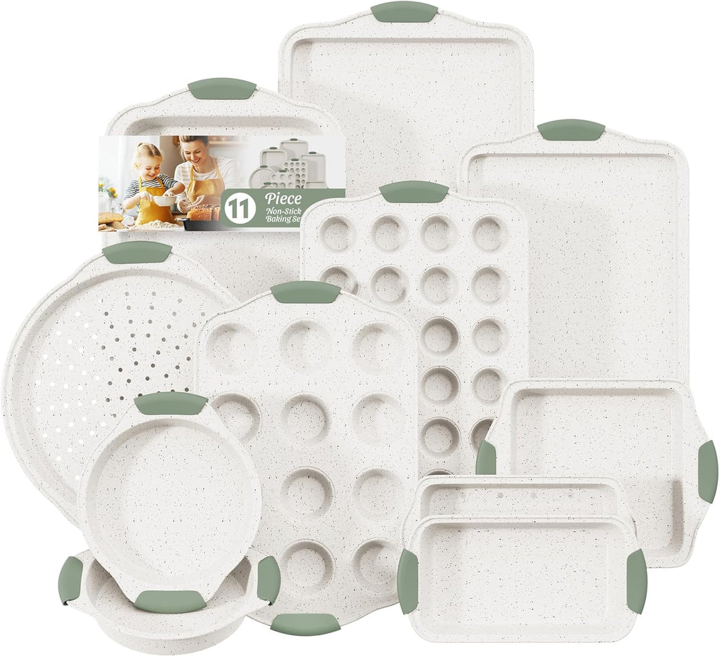 11-Piece Non-Toxic Baking Set, Stackable Nonstick Cookware with Heat-Resistant Handles - Includes Cookie Tray, Round Cake Pan, Muffin Cups, Pizza Pan & Loaf Baker, White&Light Green