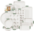 11-Piece Non-Toxic Baking Set, Stackable Nonstick Cookware with Heat-Resistant Handles - Includes Cookie Tray, Round Cake Pan, Muffin Cups, Pizza Pan & Loaf Baker, White&Light Green