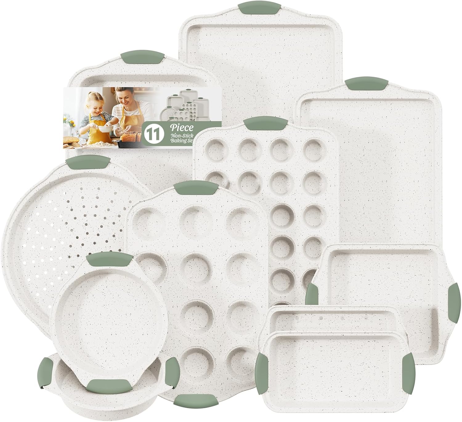 11-Piece Non-Toxic Baking Set, Stackable Nonstick Cookware with Heat-Resistant Handles - Includes Cookie Tray, Round Cake Pan, Muffin Cups, Pizza Pan & Loaf Baker, White&Light Green