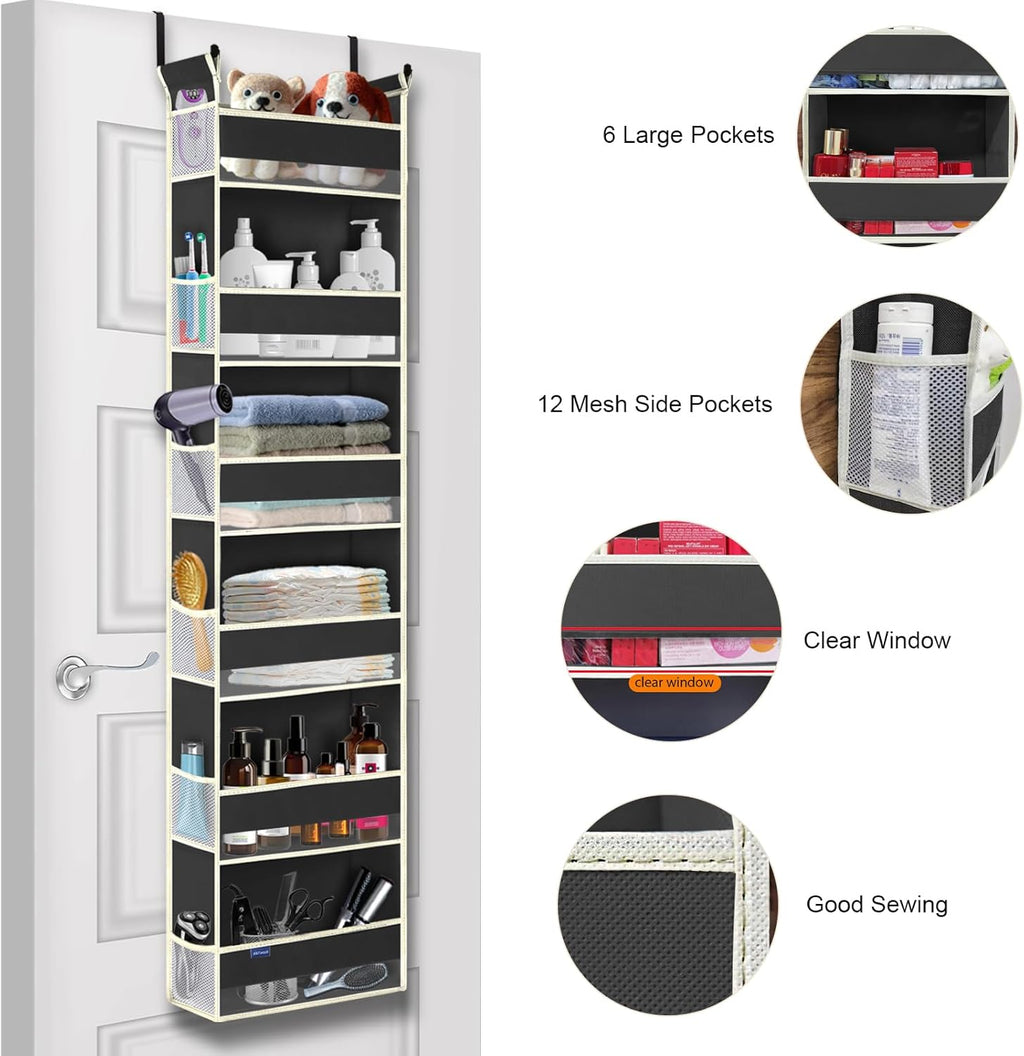 Over The Door Hanging Organizer 6-Shelves and 12 Side Pockets, Over The Door Storage Organizer, Back of Door Organizers for Baby Accessories and Children's Toys (13"x5"x54", Black)