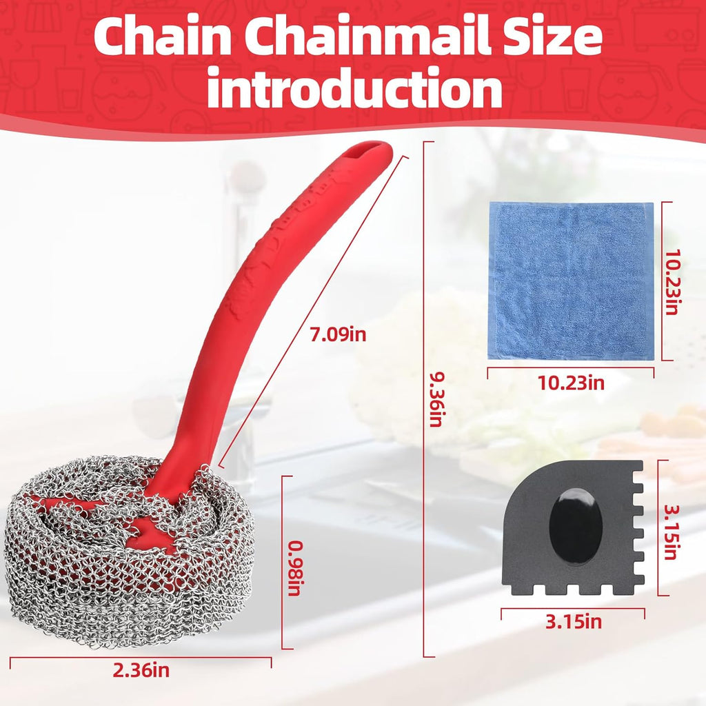 Cast Iron Chainmail Scrubber with Handle （ABS） - Cleaner for Pans and Pots - Premium Stainless Steel/Silicone Scraper for Skillets - Ergonomic Food-Safe Design - Easy to Clean Cookware Dish Brush