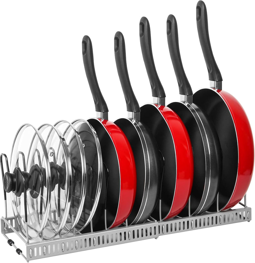 Expandable Pot & Pan Organizer - Grey Cabinet Rack with 10 Adjustable Compartments for Cookware, Baking & Frying Pans
