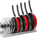 Expandable Pot & Pan Organizer - Grey Cabinet Rack with 10 Adjustable Compartments for Cookware, Baking & Frying Pans