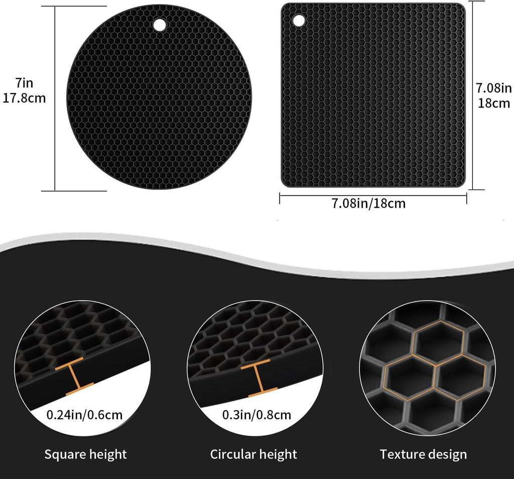 4 Pack Silicone Trivets for Hot Pots and Pans, Black Hot Pads Pot Holders, Non-Slip & Heat Resistant Silicone Mats for Kitchen Counter, Soft Durable Drying Mat, Jar Opener and Coasters, Black