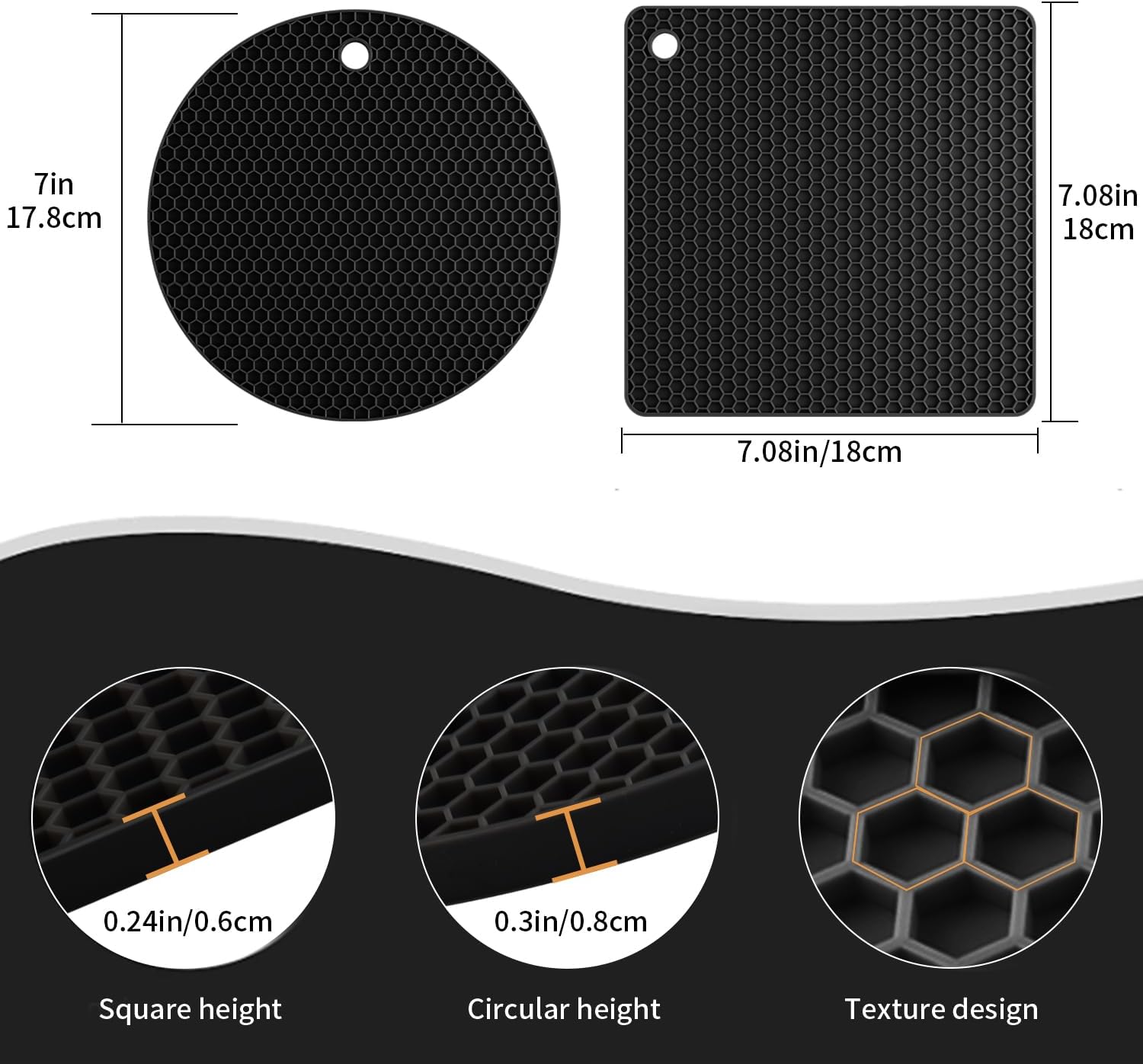 4 Pack Silicone Trivets for Hot Pots and Pans, Black Hot Pads Pot Holders, Non-Slip & Heat Resistant Silicone Mats for Kitchen Counter, Soft Durable Drying Mat, Jar Opener and Coasters, Black