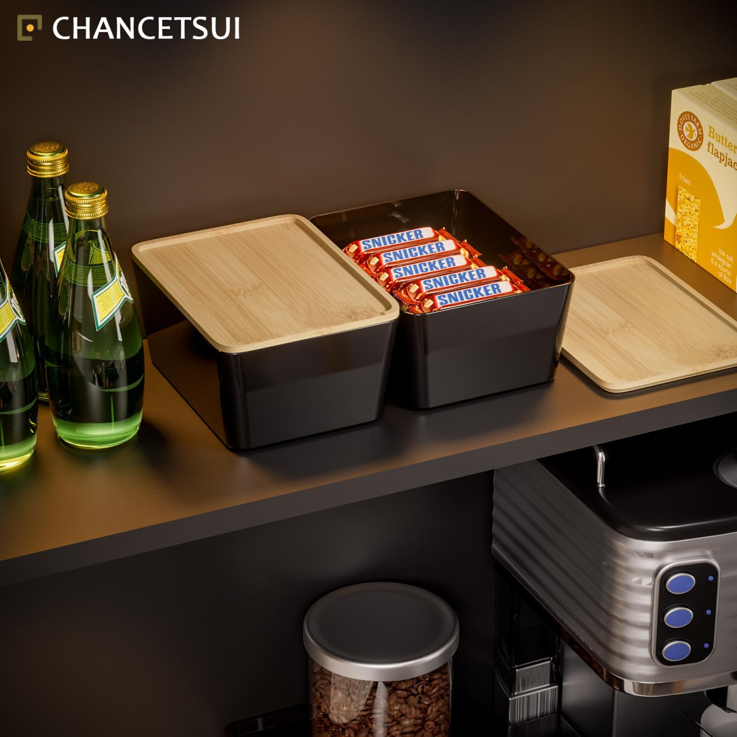CHANCETSUI Stackable Storage Bins lids For Workplace: 5X7 Black Storage bins, Office Desk Accessories Storage Containers with Lids, Stackable Bins for Home and Office Organization, bamboo Lid, 2 Pack