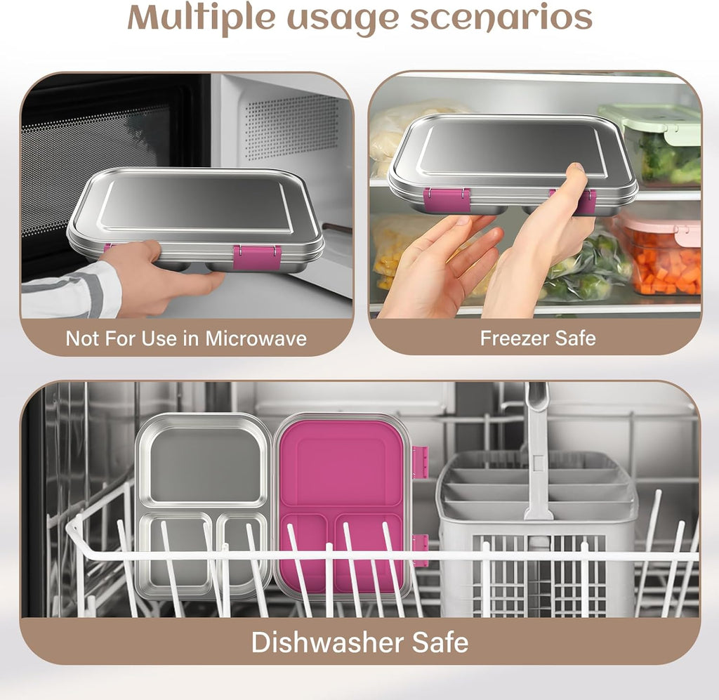 Stainless Steel Bento Box Kids, 3 Compartments Leak Proof Metal Bento Lunch Box, 304 Stainless Steel Bento Lunch Containers for School and Office,Dishwasher Safe, BPA-Free-Pink
