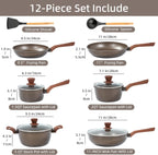 12Pcs Pots and Pans Set, Nonstick Cookware Sets, Non Stick Pots and Pan Set with Frying Pans, Saucepans, Steamer Silicone Shovel Spoon