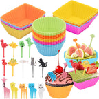60PCS Silicone Lunch Box Dividers, Heavy-Duty Silicone Cupcake Liners for Muffin Cups, Reusable Kids' Lunch/Bento Box Accessories Set with Animal Forks, Food-Grade, BPA Free(20 Liners + 40 Picks)