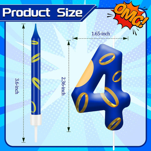 13PCS Birthday Cake Candles Set - Blue and Golden Ring Number Candles with Vibrant Designs for Boys & Girls, Theme Birthday Party Decorations, Cake Toppers for Theme Parties(Number 4)