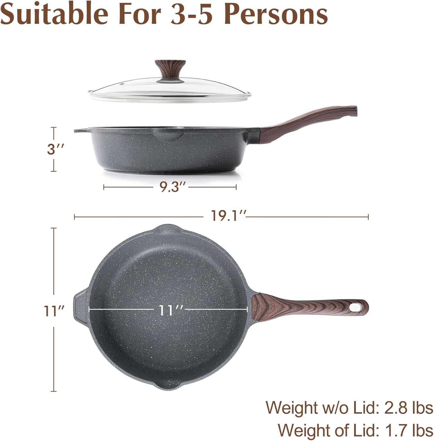 SENSARTE Nonstick Deep Frying Pan Skillet, 11-inch Saute Pan with Lid, Stay-cool Handle, Chef Pan Healthy Stone Cookware Cooking Pan, Induction Compatible