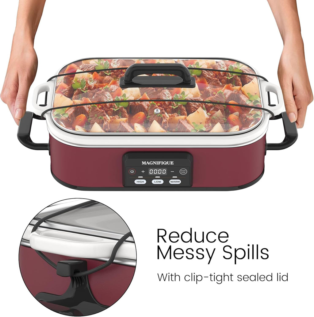 4 Quart Casserole Programmable Slow Cooker with Ceramic Baking Dish - Perfect Kitchen Small Appliance for Family Dinners, Oven Safe and Durable Bakeware for Lasagna, Roasts (Red)