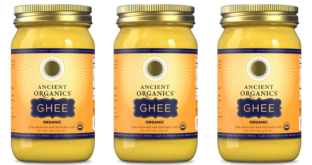 Ancient Organics Ghee, Organic Grass Fed Gluten Free Clarified Ghee Butter with Vitamins & Omegas, Lactose Free, 100% Certified Organic, Kosher, USDA Certified, Made in USA - 16 Fl Oz (Pack of 3)