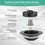 Kitchen Sink Drain Strainer/Strainer Basket, Upgraded 3 in 1 Stainless Steel Pop-up with Anti-Clogging Basket Sink Stopper, Suitable for US Standard 3-1/2" Sink Drain Hole (Matte Black)