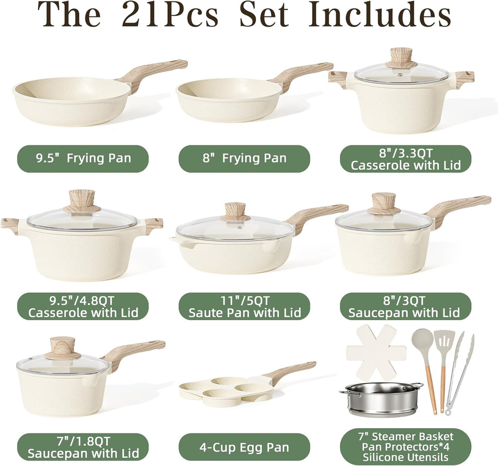 Caannasweis 20Pcs Cookware Sets, Nonstick Pots and Pans Set, Granite Induction Cookware, Non Stick Kitchen Cooking Set,Cream White 21 Piece Egg Pan Set, PFOS PFOA Free