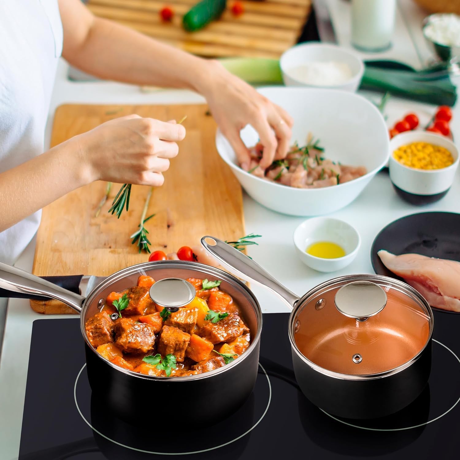 MICHELANGELO Sauce Pan with Lid, 1Qt & 2Qt & 3Qt Sauce Pan Set, Ceramic Saucepans with Lids, Copper Small Pots, Nonstick Saucepan Set, Oven Safe