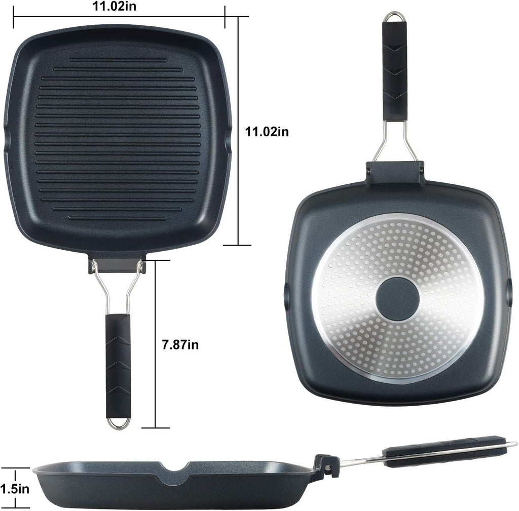SKITCHN Nonstick Grill Pan With Folding Handle - Induction Compatible KBBQ Pan for Stove Tops, Indoor Square BBQ Grilling With Pour Spouts - 11 in
