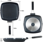 SKITCHN Nonstick Grill Pan With Folding Handle - Induction Compatible KBBQ Pan for Stove Tops, Indoor Square BBQ Grilling With Pour Spouts - 11 in