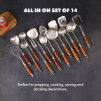 18/10 Stainless Steel Kitchen Utensils Set with Wooden Handle - 14 PCS Metal Cooking Tools & Serving Utensil, Large and Small Spoons Set - Whisk, Masher, Fork, Spatula, Turner, Ladle, Skimmer, Pasta