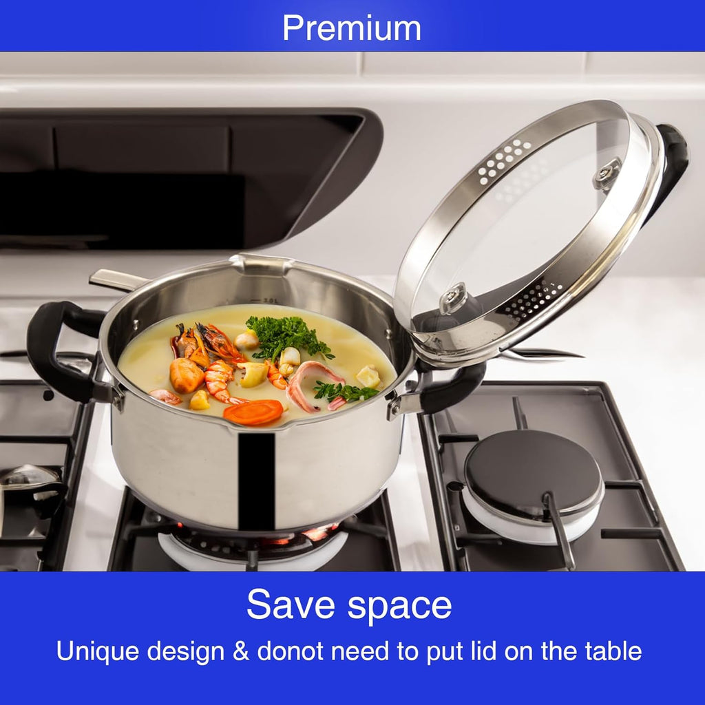Stainless Steel Cookware Pasta Pot by Cyrder – 3 Quart, Strainer in Glass Lid, Two Side Spouts, Capsule Bottom Stock Pot, Durable & dishwasher safe