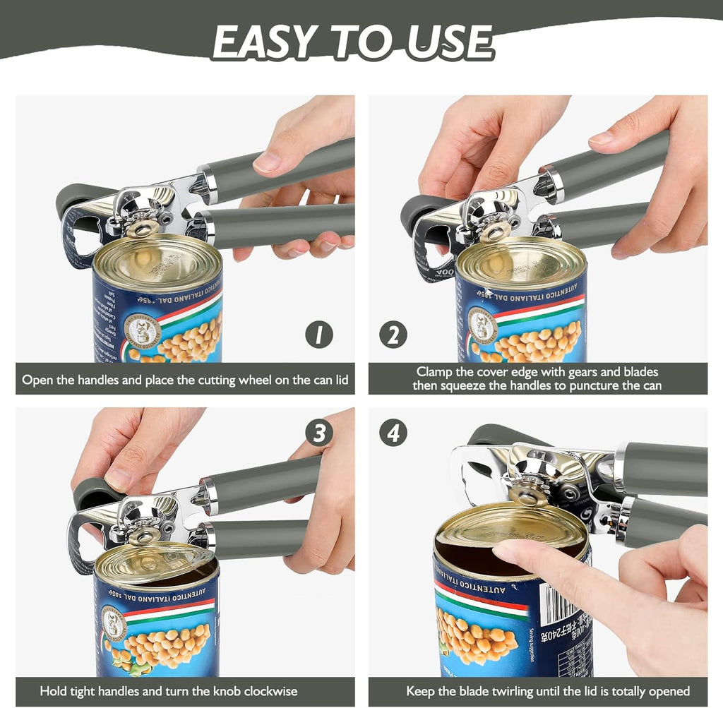 10 Colors Can Opener Manual Handheld Heavy Duty Hand Can Opener Smooth Edge Stainless Steel Can Openers Top Lid Kitchen Gadgets, Best Large Rated Easy Turn Knob, with Bottle Opener, Gray