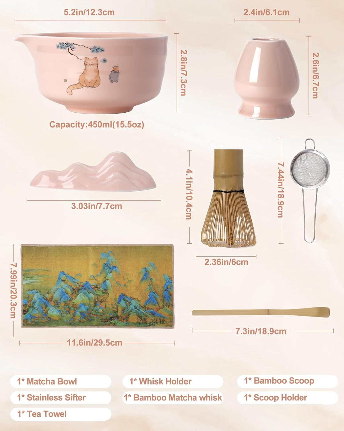 Matcha Whisk Set, Ceramic Matcha Set Includes Matcha Bowl, Matcha Whisk and Holder, Bamboo Scoop, Scoop Rest, Sifter and Tea Towel - 7 Pcs Matcha Kit(Pink)