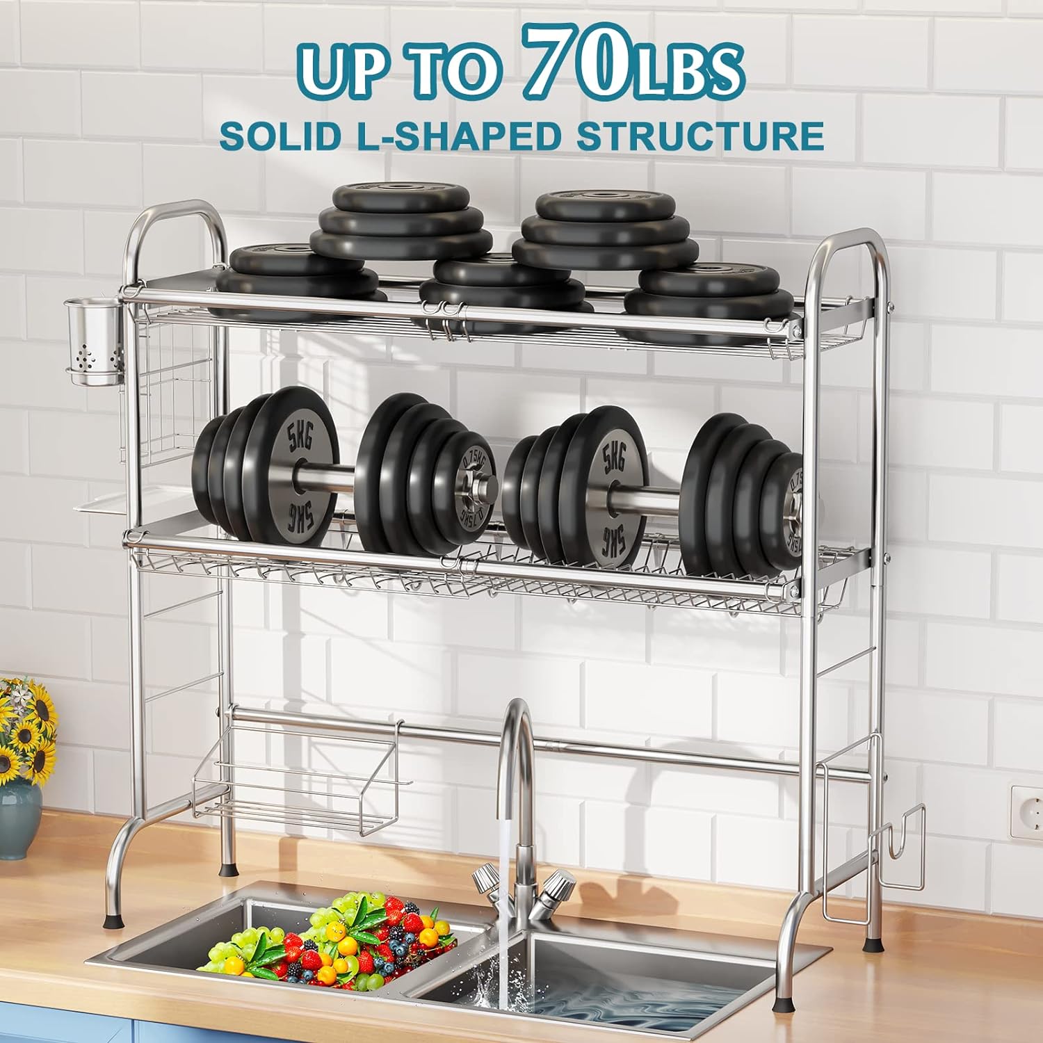 HOWDIA Stainless Steel 2-Tier Over The Sink Dish Drying Rack with Utensil Holder, Large, for Kitchen Counter