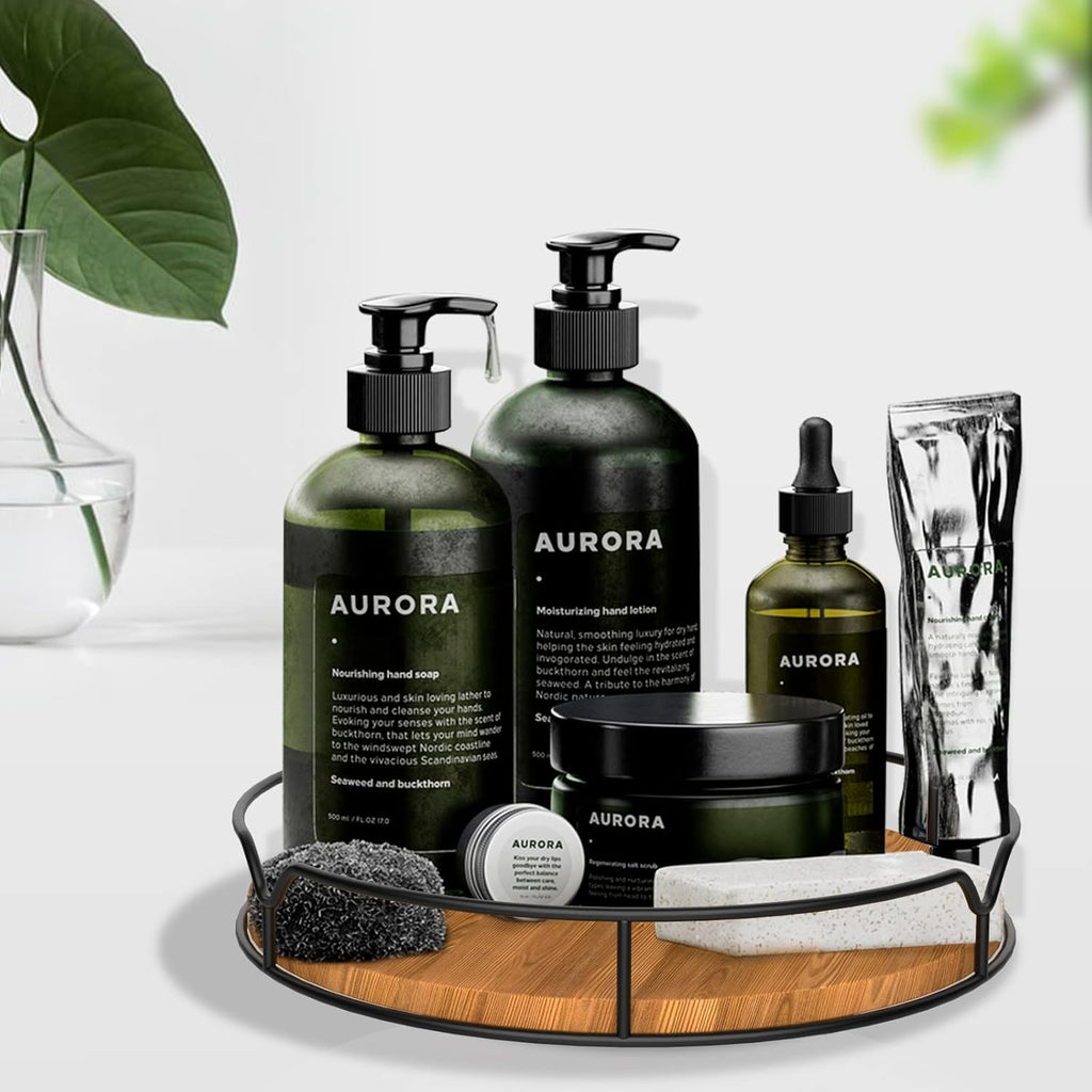 Lazy Susan Turntable Organizer with Anti-Slip Mat for Cabinet Pantry Kitchen Countertop Refrigerator Office, Pine Wood, 10", Carbonized Black