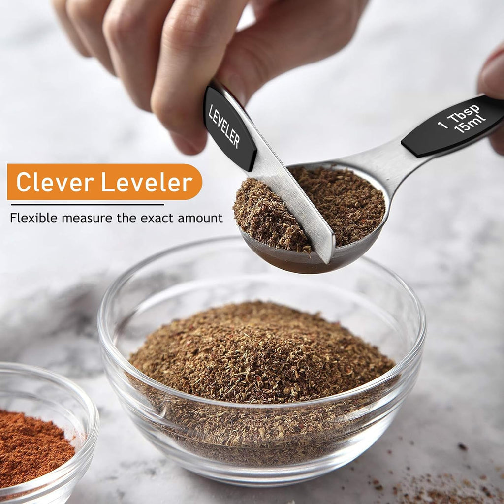 Magnetic Measuring Spoons Set - Wildone Stainless Steel Double Sided Measuring Spoons Set of 7 Black, for Dry & Liquid Ingredients, Including 6 Heavy Duty Nesting Spoons, 1 Leveler, Fits in Spice Jar