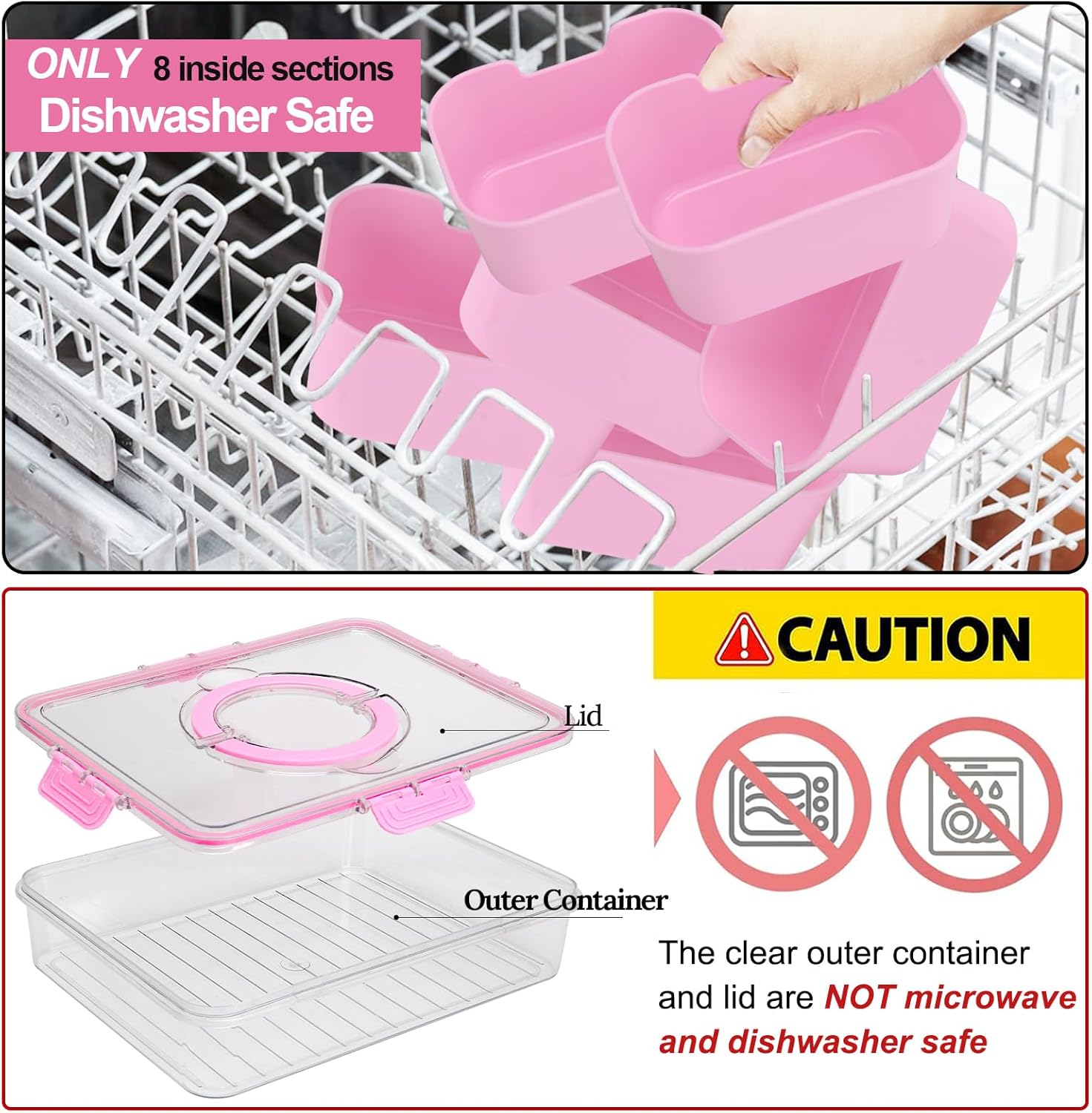 shopwithgreen Snackle Box Charcuterie Container, Divided Serving Tray with Lid and Handle for Party, Veggies, Fruits, Nuts, Food Tray Platter Snack Box Container for Entertaining, Picnic, Pink, 2pcs