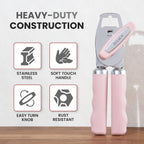 Zulay Kitchen Heavy Duty Stainless Steel Can Opener Manual with Bottle Opener - Rust Proof Manual Can Opener With Turn Knob & Comfy Soft Grip Handles - Light Pink