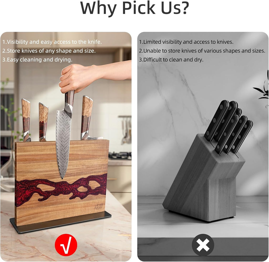 FINDKING Magnetic Knife Block, Double Sided Holder, Powerful Magnet Kitchen Storage, Acacia Wood and Red Resin (12 x 10 Inches, Without Knives)
