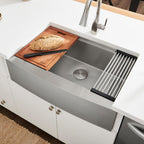 Ruvati 33-inch Apron-front Workstation Farmhouse Kitchen Sink - 16 Gauge Stainless Steel Kitchen Sink Single Bowl with Brushed Finish hides scratches - Farmhouse Workstation Sinks - RVH9200