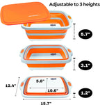 Collapsible Large (8L) BBQ Marinating Tub w/Cutting Board | Multipurpose Food-Grade TPE Prep Tub w/Lid | Built-in Colander & Drain Plug - for Camping | Tailgate | Picnic - Bold Orange