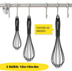 NileHome Upgrade Silicone Whisk Set 8" 10" 12" Kitchen Whisk Kitchen Wisk Wire Whisks for Cooking, Whisking, Blending, Beating, Stirring-Black