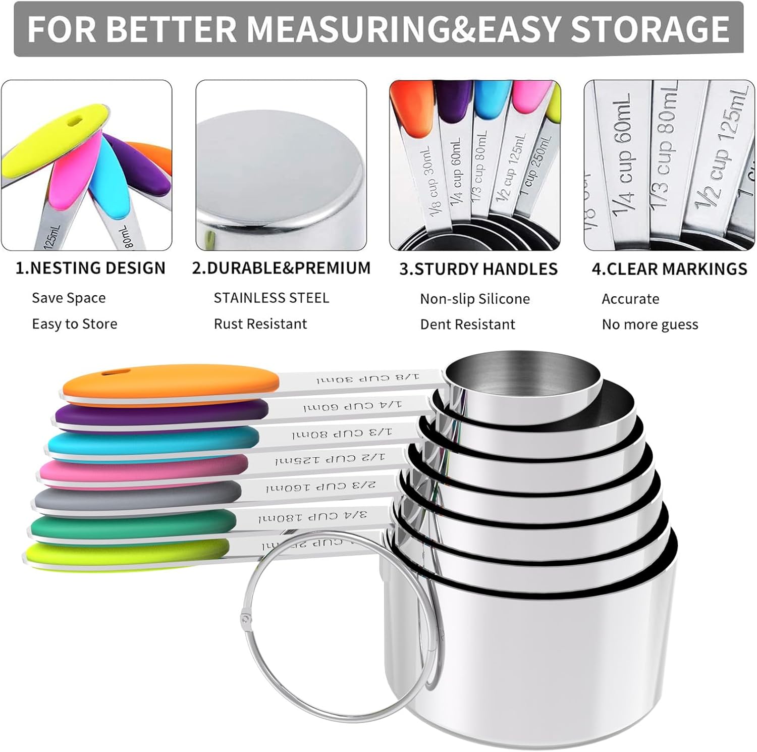 TILUCK Measuring Cups and Spoons Set, Stainless Steel, Kitchen Utensils for Cooking and Baking (12, Colorful)
