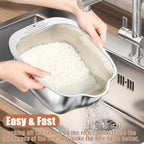 Rice Washer Strainer Bowl, Stainless Steel Washing Bowl whit Side Drainers, Versatile Square Quinoa Colander for Cleaning Rinsing Fruits, Vegetables, and Beans - Multifunctional Drain Basket