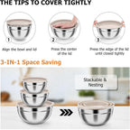 TeamFar Mixing Bowls, Stainless Steel Nesting Salad Bowls with Airtight Lids Set, For Serving/Mixing/Storing, Rust-proof & Heavy Duty, Dishwasher Safe, Set of 3-4.6/3 / 1.5 QT, Khaki