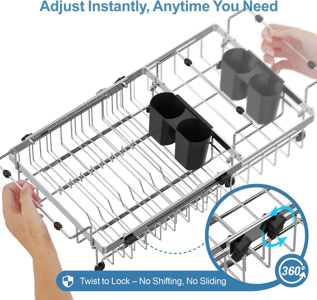 GSlife Expandable in Sink Dish Drying Rack - Capacity Adjustable Stainless Steel Over The Sink Dish Drainer with 2 Cup Holder and Utensil Holder for Kitchen Sink, 10.8"~17.9" L x 14.2" W, Silver