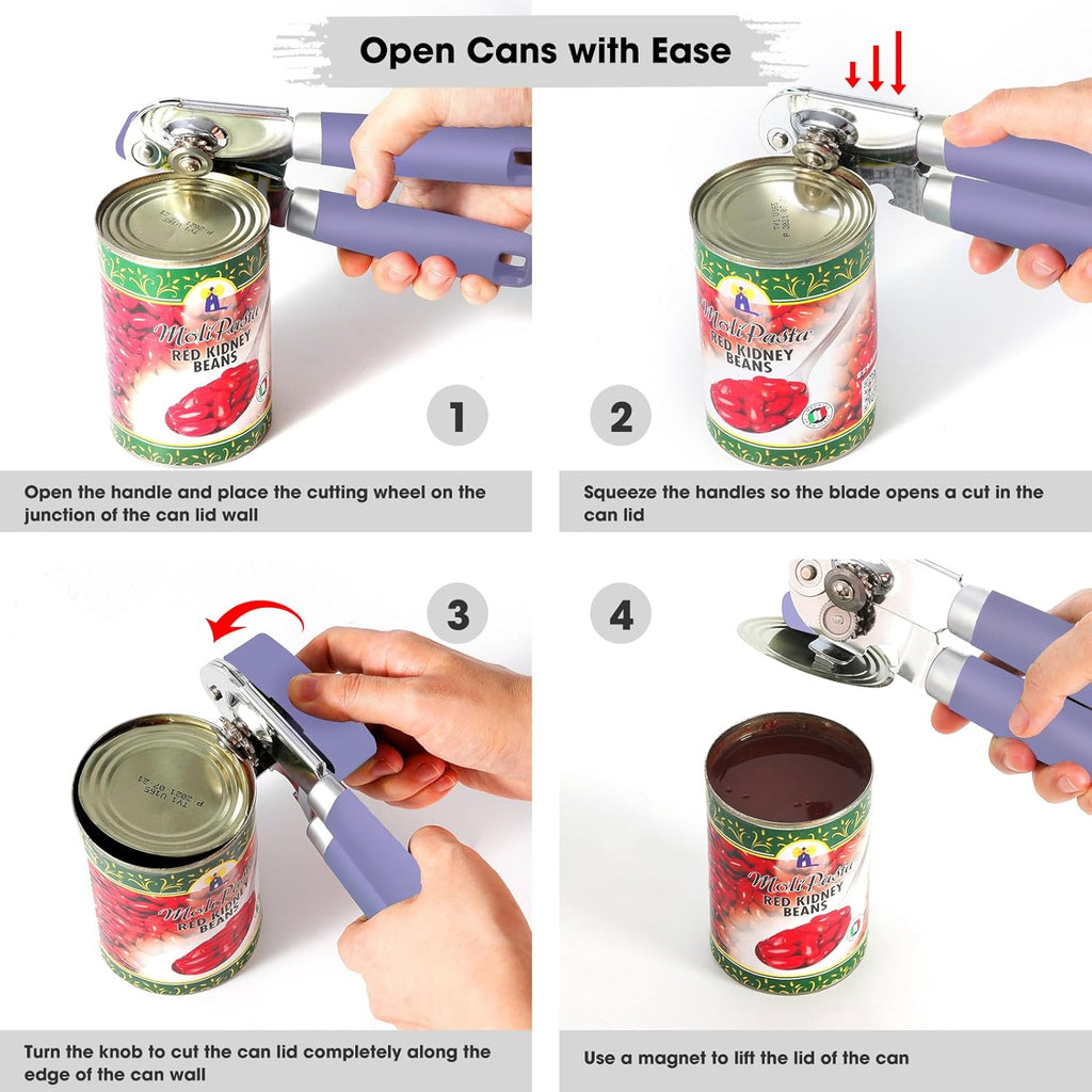 Beneno Can Opener Manual with Magnet, Hand Held Heavy Duty Can Opener with Durable Sharp Blade Smooth Edge, Big Effort-Saving Knob, Soft Grip Rubber Handle, Multifunctional Bottle Opener, Purple