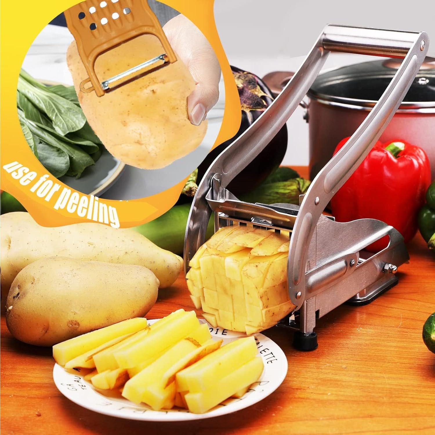 French Fry Cutter, 2-blade Potato Slicer Strong No-Slip Suction Base Stainless Steel French Fry Cutter with 1 Peeler, Perfect for Potatoes, French Fries, Cucumber,Vegetables Carrot