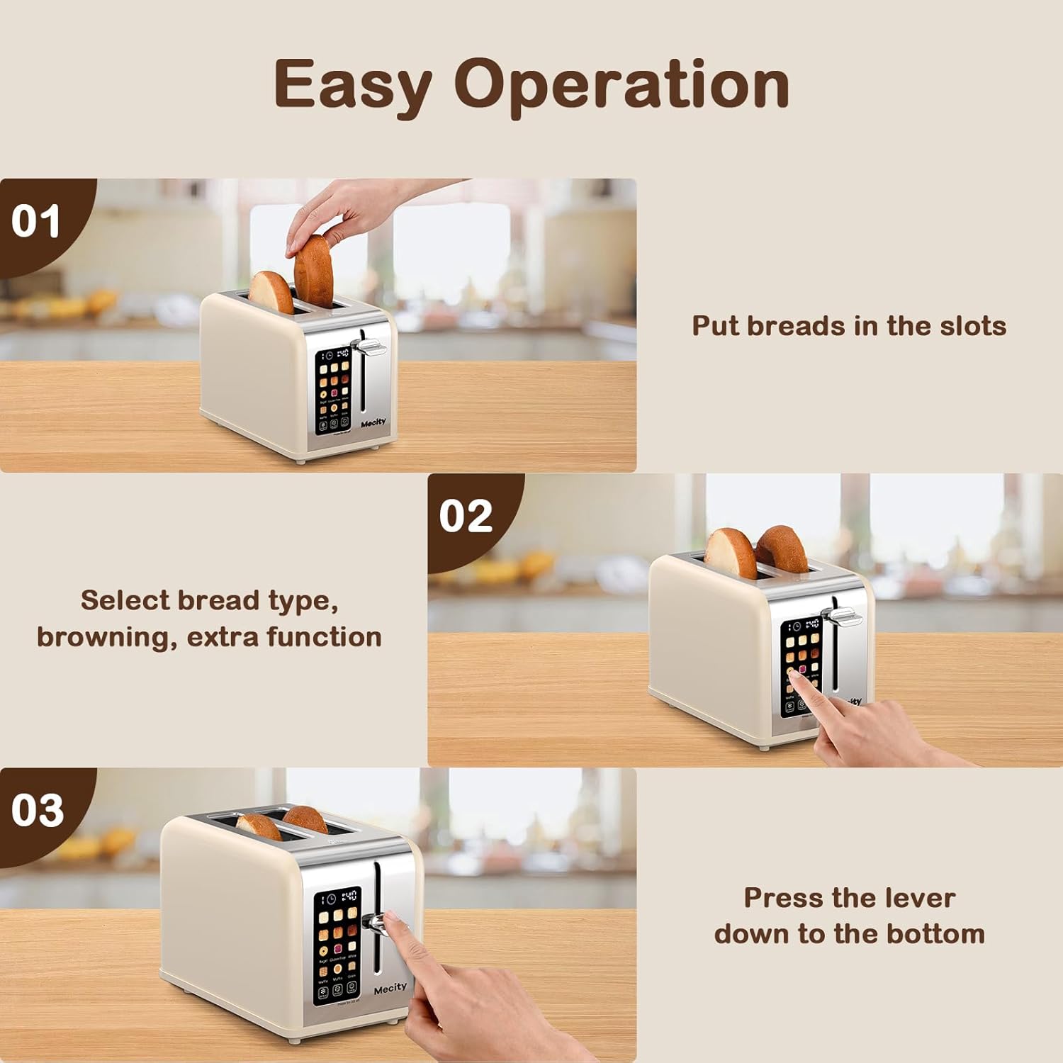 Mecity 2 Slice Touch Screen Toaster, 1.5" Wide Slot, Stainless Steel Smart Toaster for Bagels, Muffins, Waffles, Gluten-Free Breads, Defrost, Reheat, Timer, 120V 825W, Cream Color