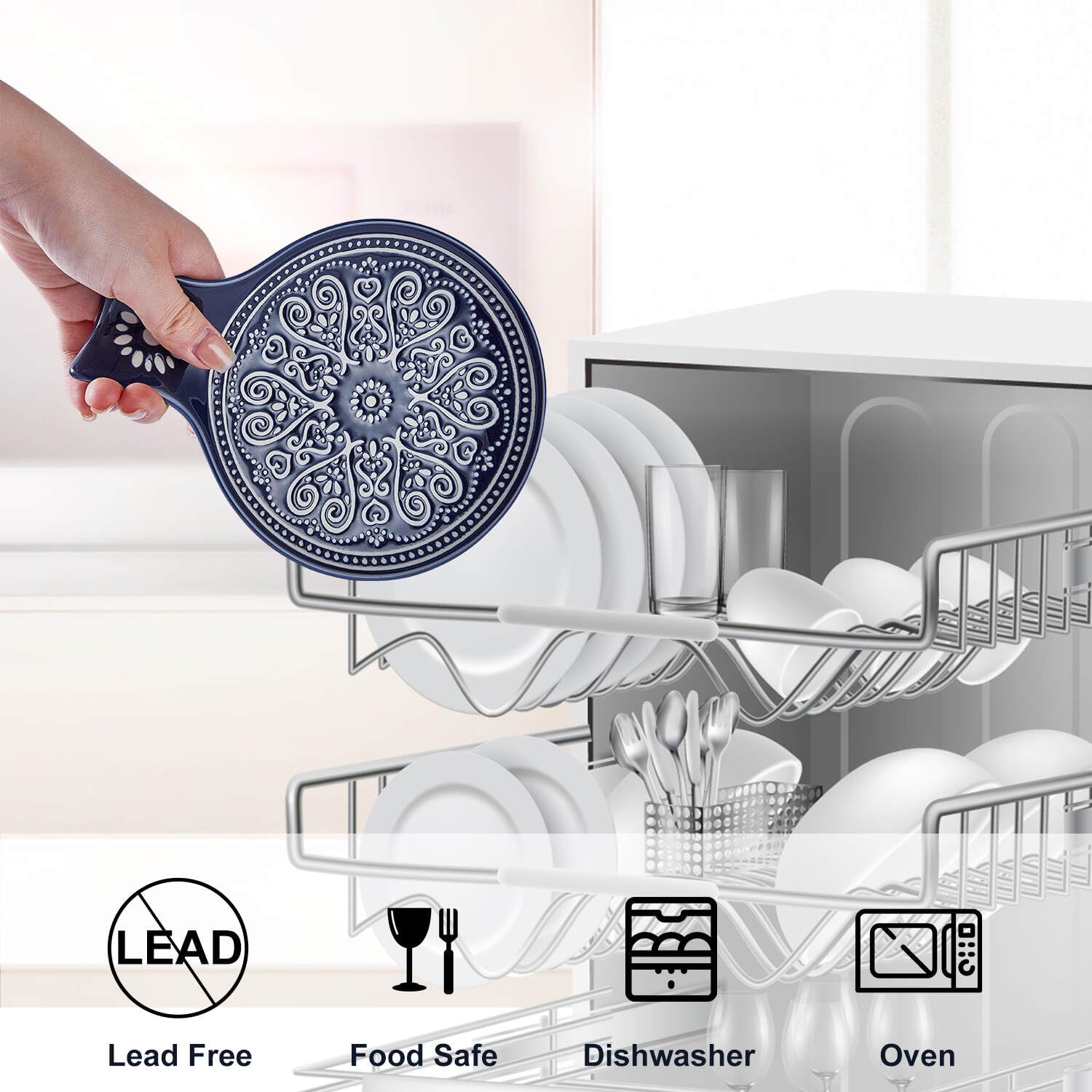 Ceramic Spoon Rest, Cooking Spoon Holder for Kitchen Counter/Stove Top/Dining Table Modern Farmhouse Decorative, Large (Blue)
