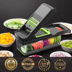 Vegetable Chopper Cutter Slicer Multifunctional 14-in-1 Food Veggie Salad Onion Chopper Cutter Dicer with Container, 8 Interchangable Blades, Hand Protector, Drain Strainer, Peeler, Brush