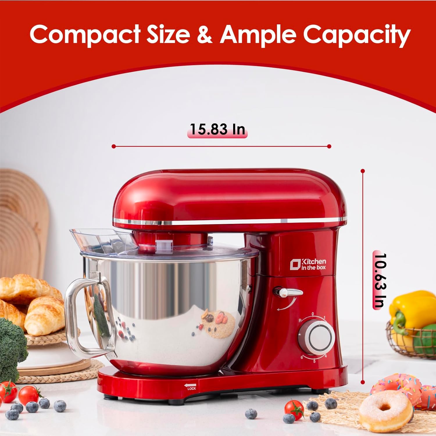Kitchen in the box Stand Mixer, 900W 8.5QT Kitchen Electric Mixer, 6-Speed Large Capacity Food Mixer for Home Cooks with Egg Whisk, Dough Hook & Flat Beater (Red)