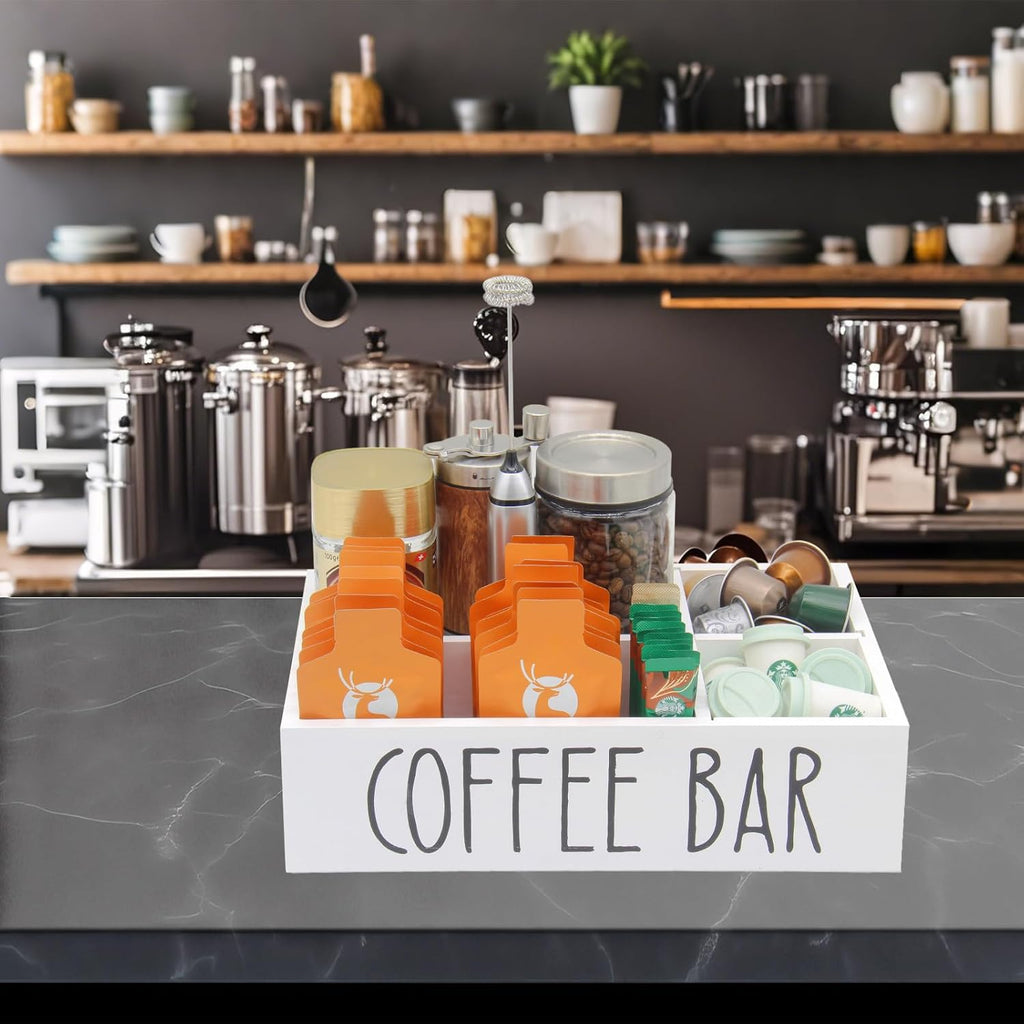 Coffee Station Organizer with Removable Dividers Disposable Cup Holder Wooden Countertop Organizer for Tea Condiment Accessories Storage Farmhouse Bar Decor Black (White)