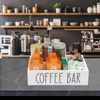 Coffee Station Organizer with Removable Dividers Disposable Cup Holder Wooden Countertop Organizer for Tea Condiment Accessories Storage Farmhouse Bar Decor Black (White)