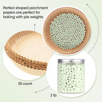 1 Pack Light Green 2 lb Pie Weights for Baking Crust Ceramic Weights Blind Baking Beads with 50 Pcs Disposable Parchment Paper Pie Liner Fit 8,9,10 Inch Dish